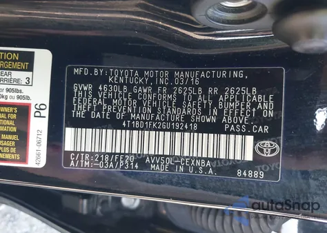 2016 Toyota Camry Hybrid Le из США, поврежденный, VIN 4T1BD1FK2GU192418